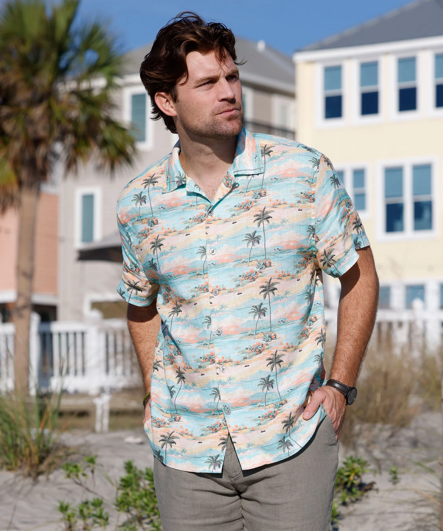 Westport Black Beach Print Short Sleeve Linen Camp Shirt - Image 2