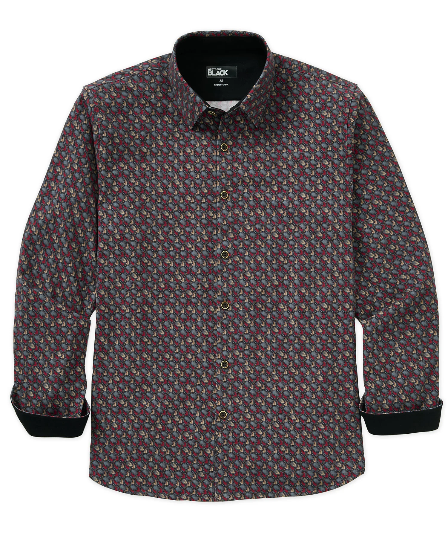 Westport Black Long Sleeve Hidden Button Down Collar Petal Print Knit Sport Shirt