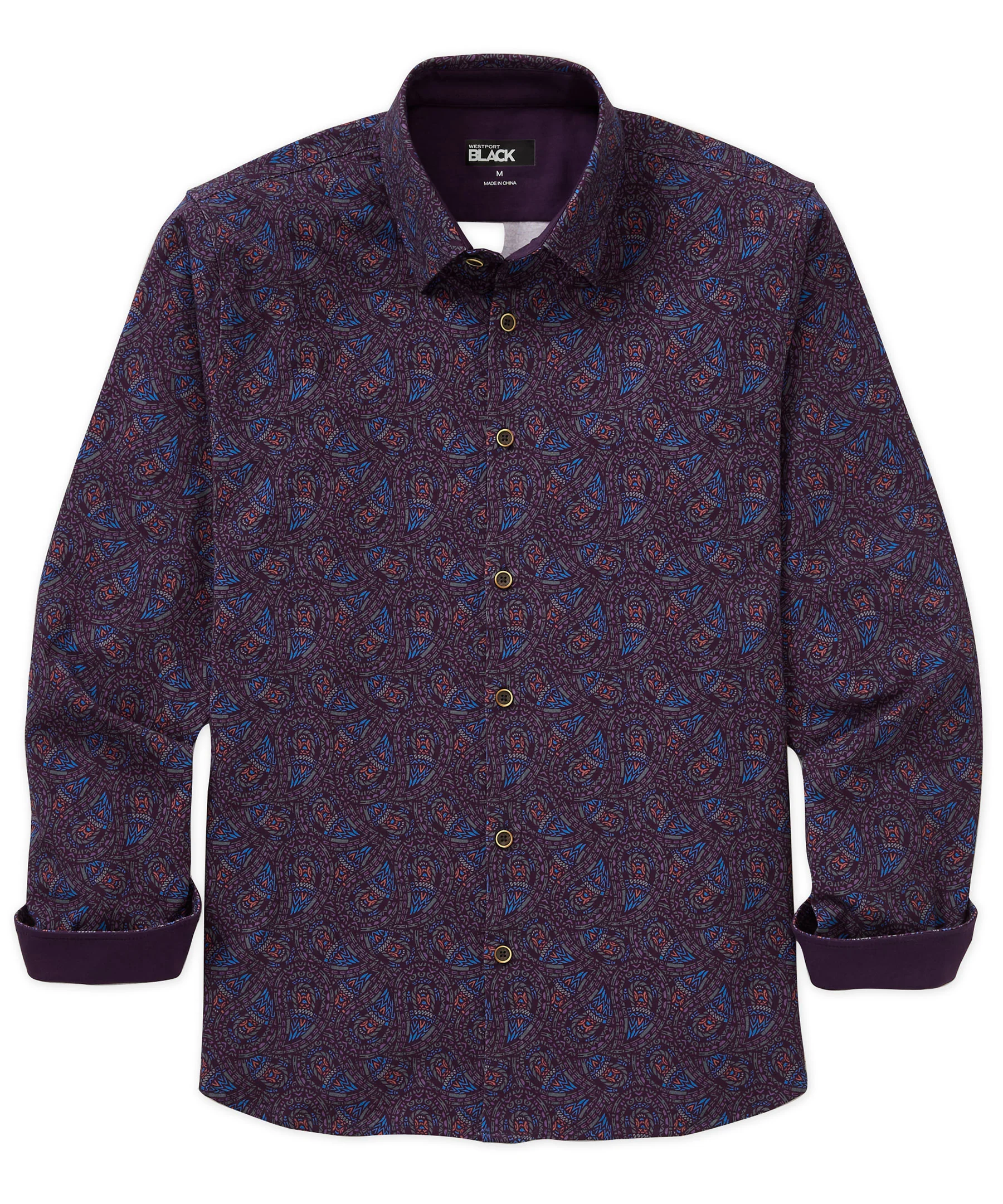 Westport Black Long Sleeve Hidden Button Down Collar Paisley Print Knit Sport Shirt