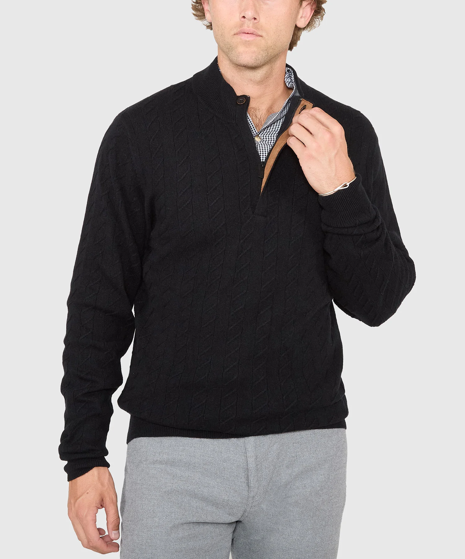 Westport Black Long Sleeve Monaco Cable Knit Button Mock Pullover Sweater - Image 12
