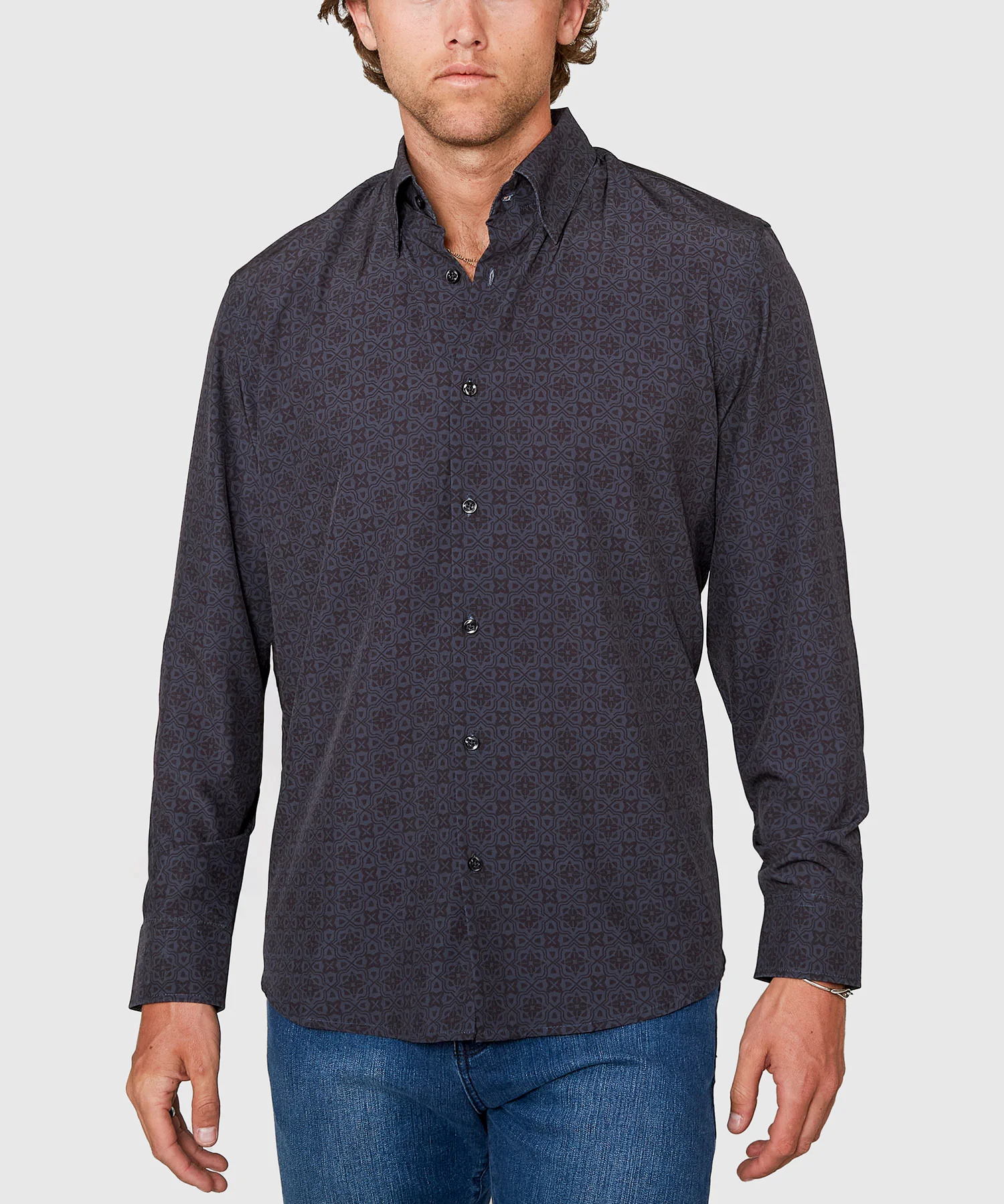 Westport No-Tuck Long Sleeve Button Under Spread Collar Geo Print Stretch Performance Sport Shirt - Image 2