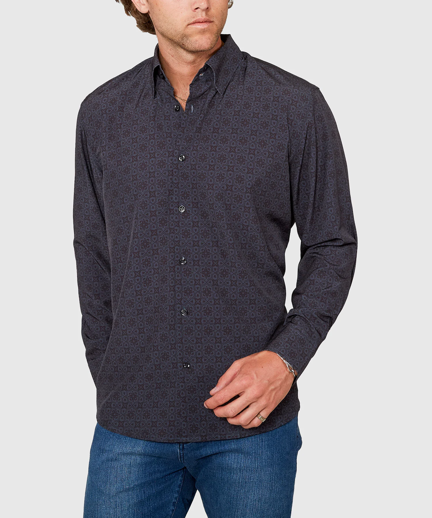 Westport No-Tuck Long Sleeve Button Under Spread Collar Geo Print Stretch Performance Sport Shirt - Image 3