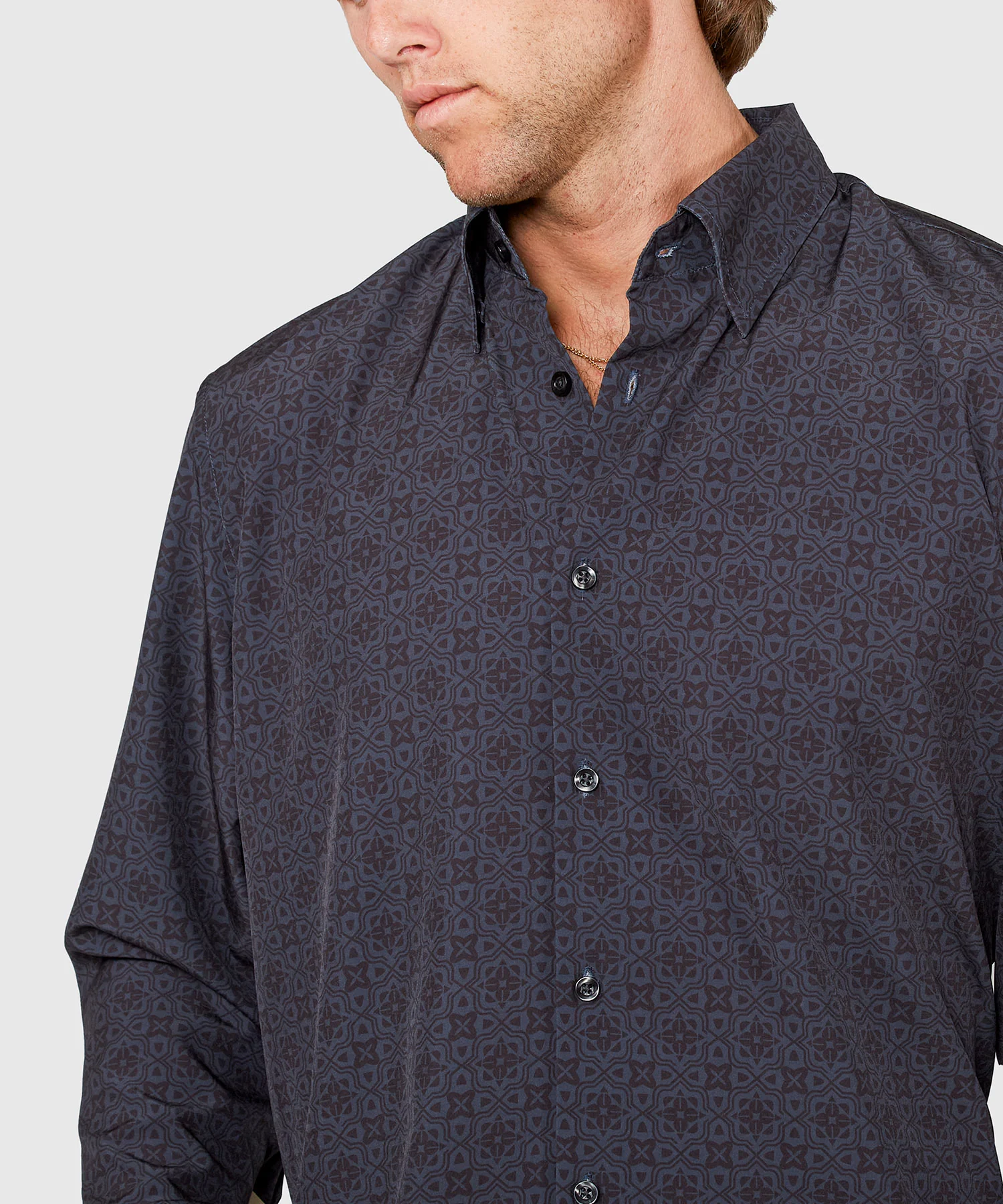Westport No-Tuck Long Sleeve Button Under Spread Collar Geo Print Stretch Performance Sport Shirt - Image 4