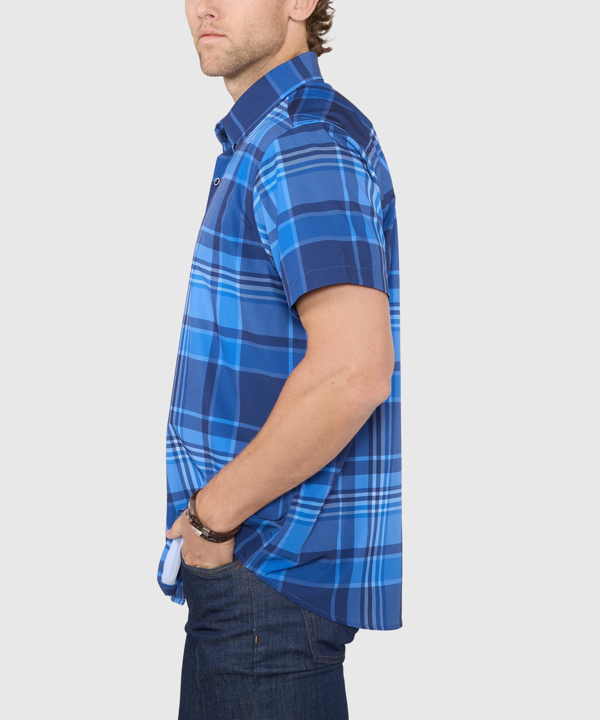 Westport No-Tuck Short Sleeve Button-Down Collar Stretch Performance Big Plaid Sport Shirt - Image 3