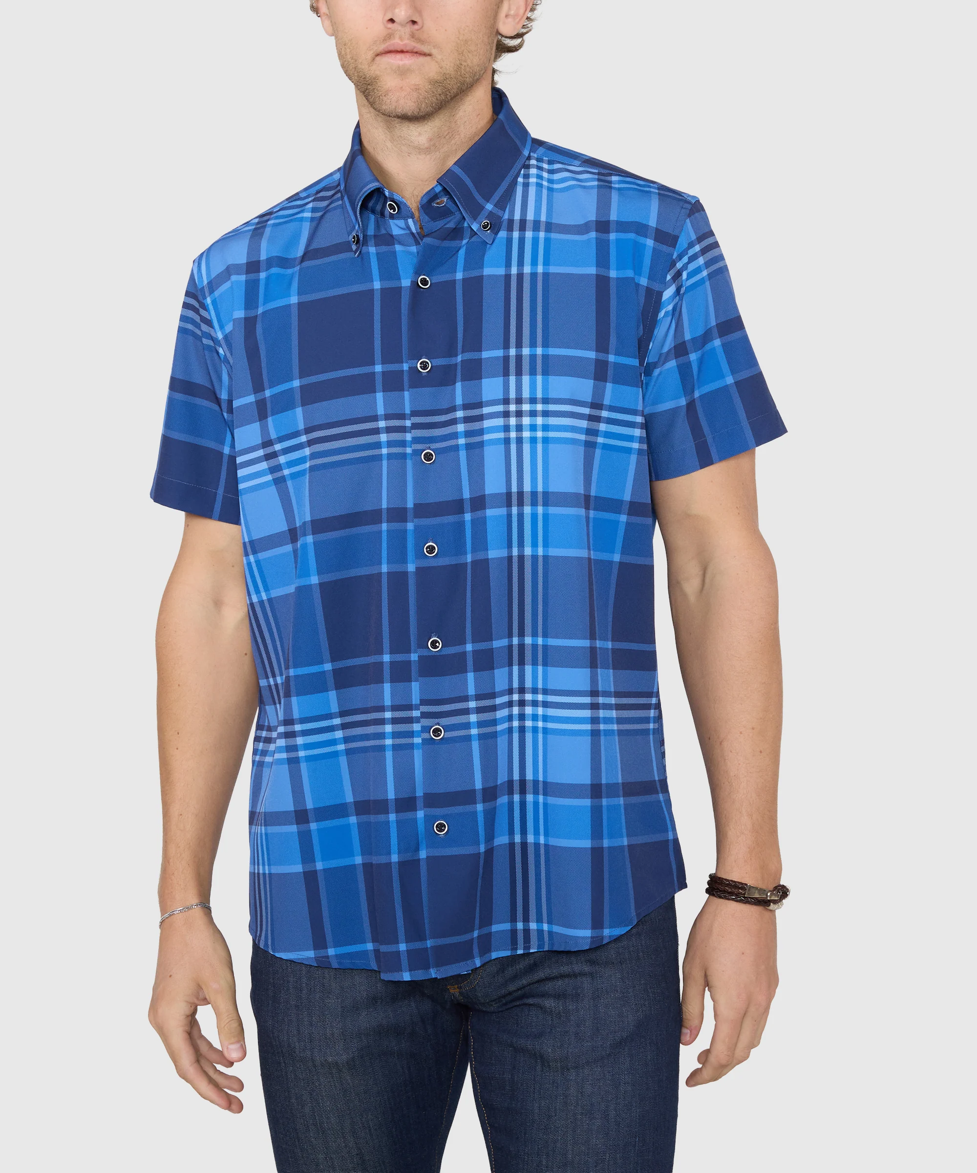 Westport No-Tuck Short Sleeve Button-Down Collar Stretch Performance Big Plaid Sport Shirt - Image 4
