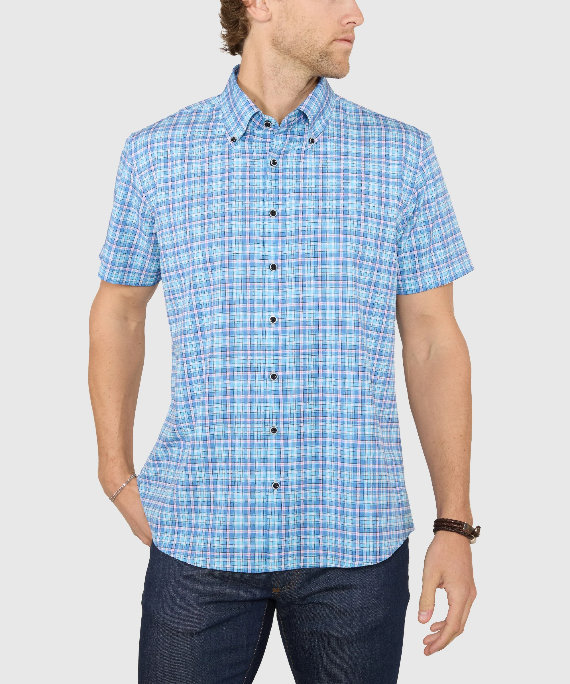 Westport No-Tuck Short Sleeve Button-Down Collar Stretch Performance Plaid Sport Shirt - Image 2
